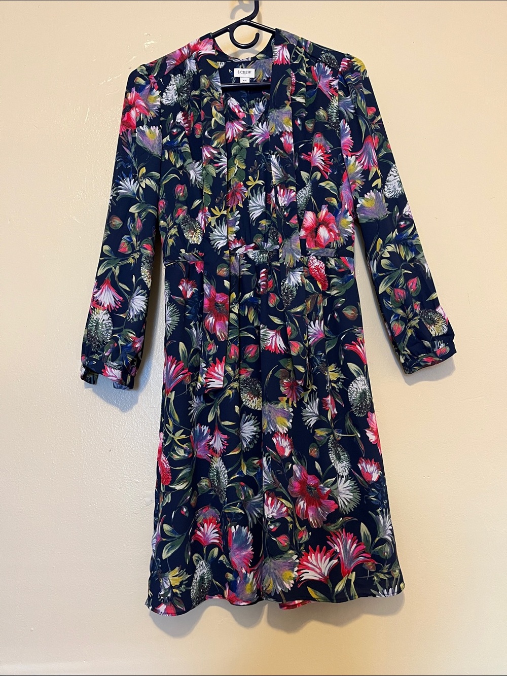 J. Crew Navy Floral Tie-Waist Casual Dress with Pink and Green Blooms